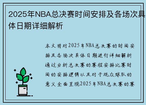 2025年NBA总决赛时间安排及各场次具体日期详细解析