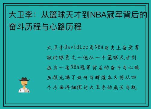 大卫李：从篮球天才到NBA冠军背后的奋斗历程与心路历程