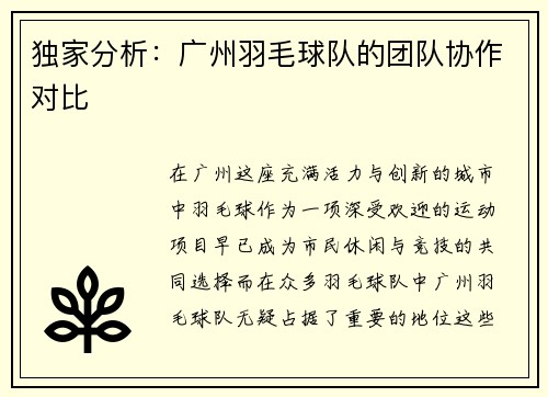 独家分析：广州羽毛球队的团队协作对比