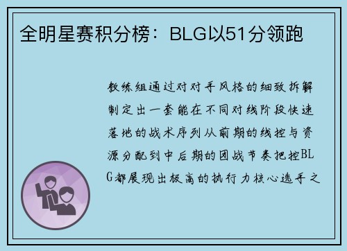 全明星赛积分榜：BLG以51分领跑